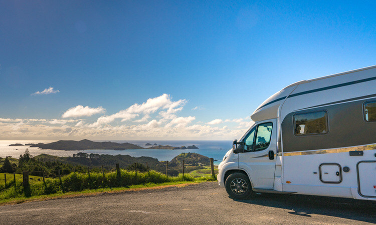 A Wilderness motorhome parked up overlooking views at Matauri Bay