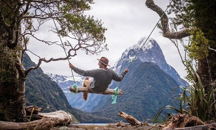 A man swinging on a swing in Milford Sound