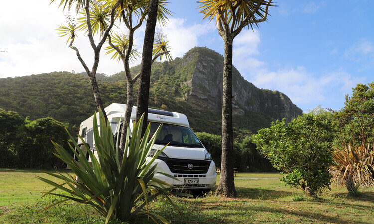 A motorhome freedom camping at Punakaiki Beach Camp