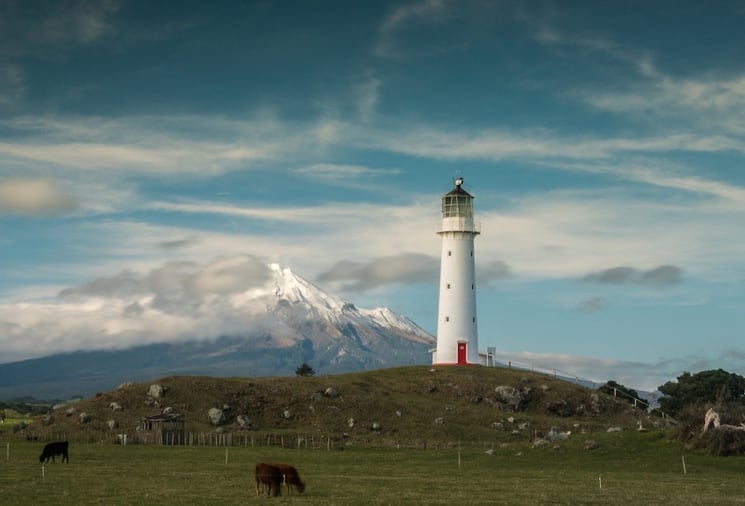 Cape Egmont lighthouse with Mount Taranaki in the background