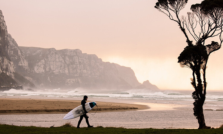 A surfer heading out to surf at a New Zealand beach 