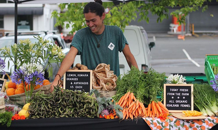 Seller selling fresh produce at a farmers market