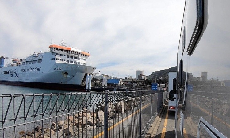 A Wilderness motorhome waiting in line to board a ferry