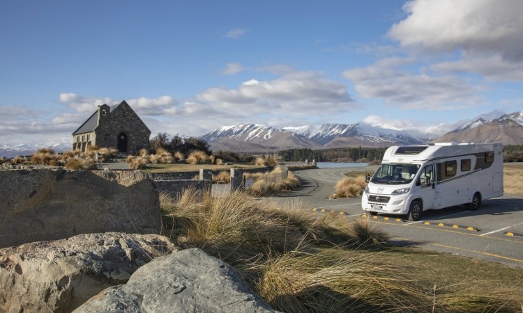 A motorhome parked up near Church of the Good Shepherd in Lake Tekapo