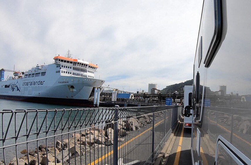 A motorhome waiting to board the ferry for interisland crossing